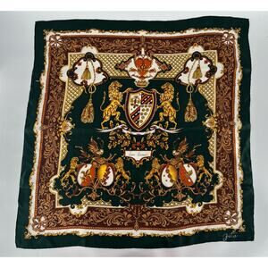 Zita Scarf Green Brown 30" x 30" Les Liones Print Silk Satin Square Logo Motif